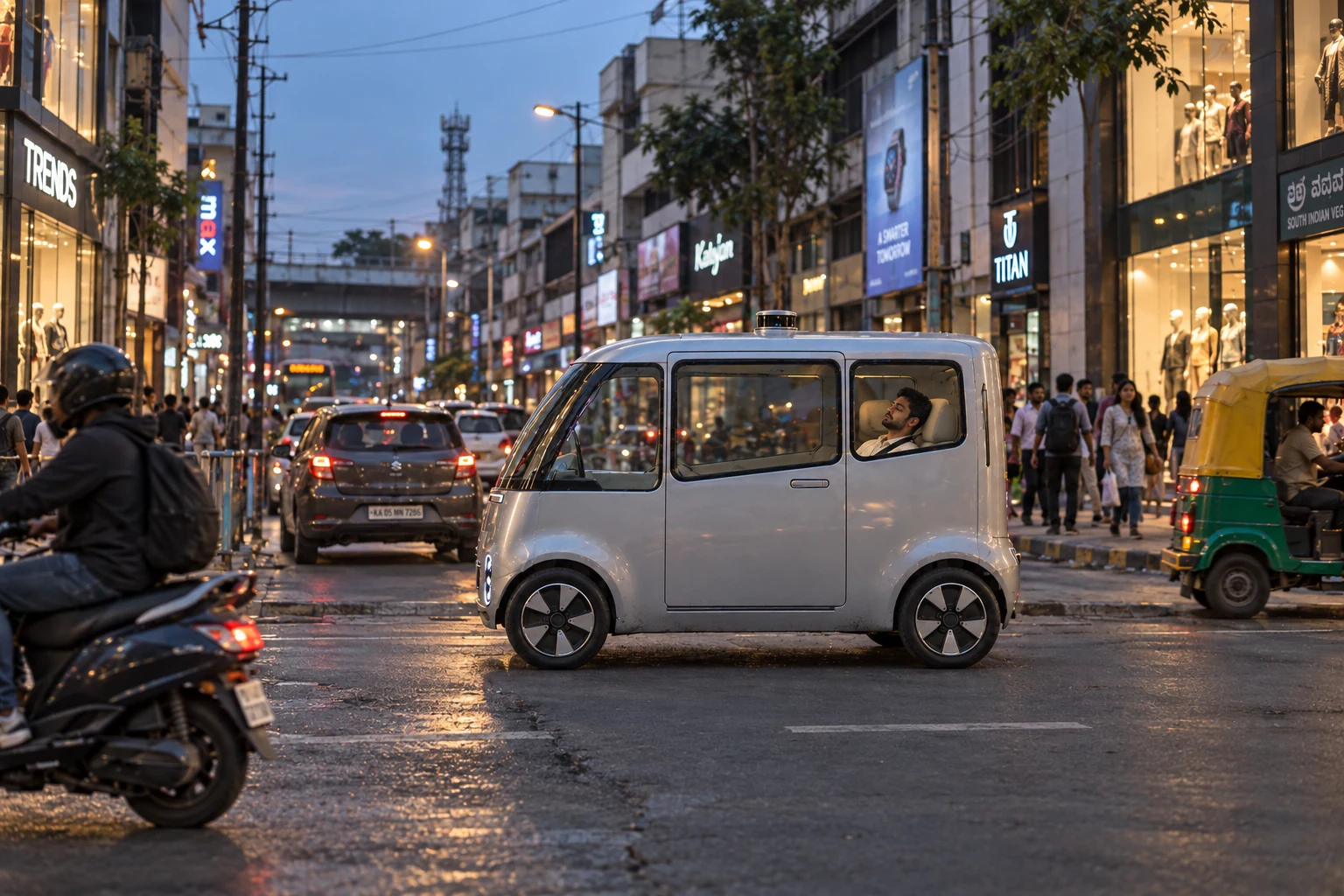 Pod 1 concept with a passenger on an Indian street at night