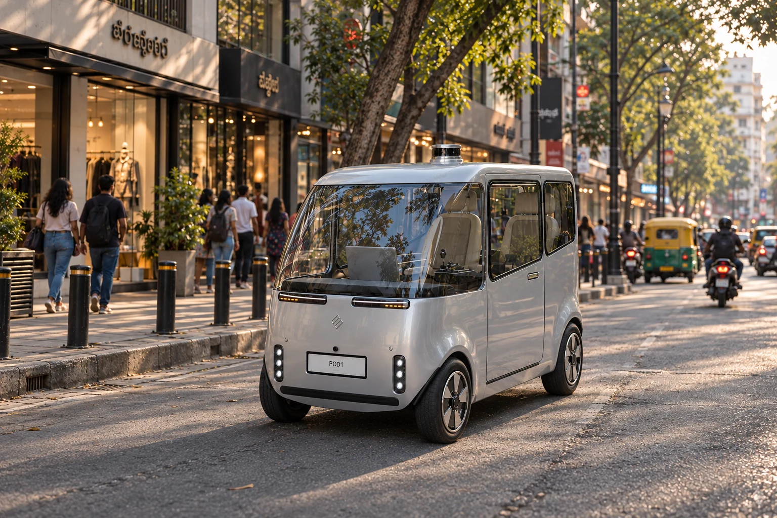 AI concept visual of silver ArcEight Pod 1 on a tree-lined Bengaluru street