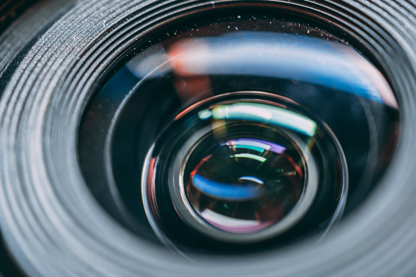 Close view of the glass elements inside a camera lens