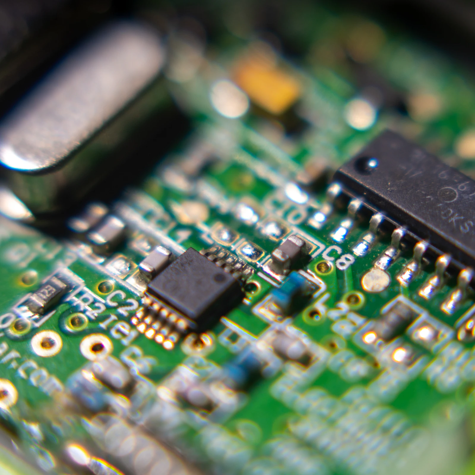 Electronic components and traces on a circuit board